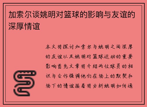 加索尔谈姚明对篮球的影响与友谊的深厚情谊