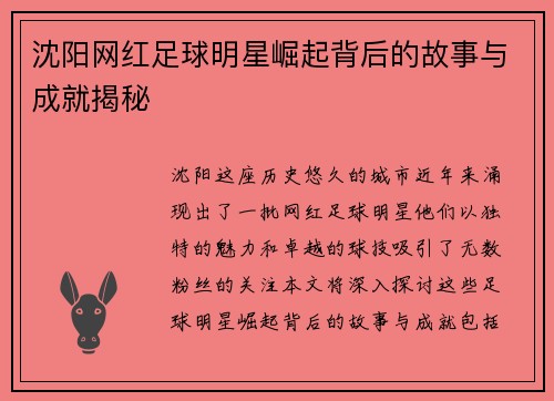 沈阳网红足球明星崛起背后的故事与成就揭秘